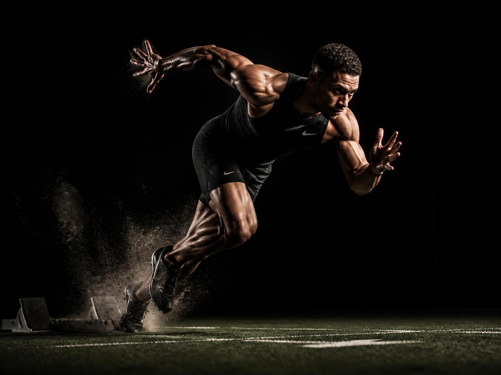 Athlete exploding out of a sprint start on turf